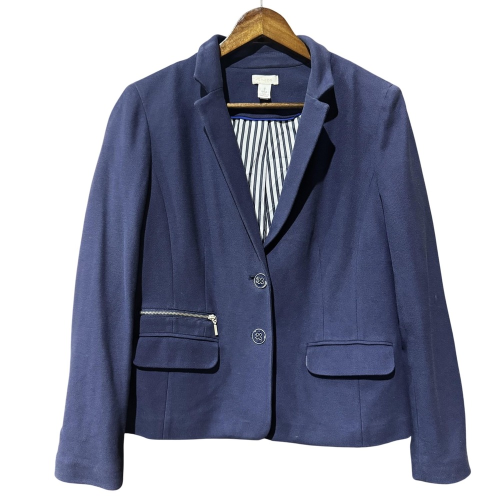 Chicos Jacket Womens 1 Navy Blue Blazer Cotton Stretch Single Breasted Career